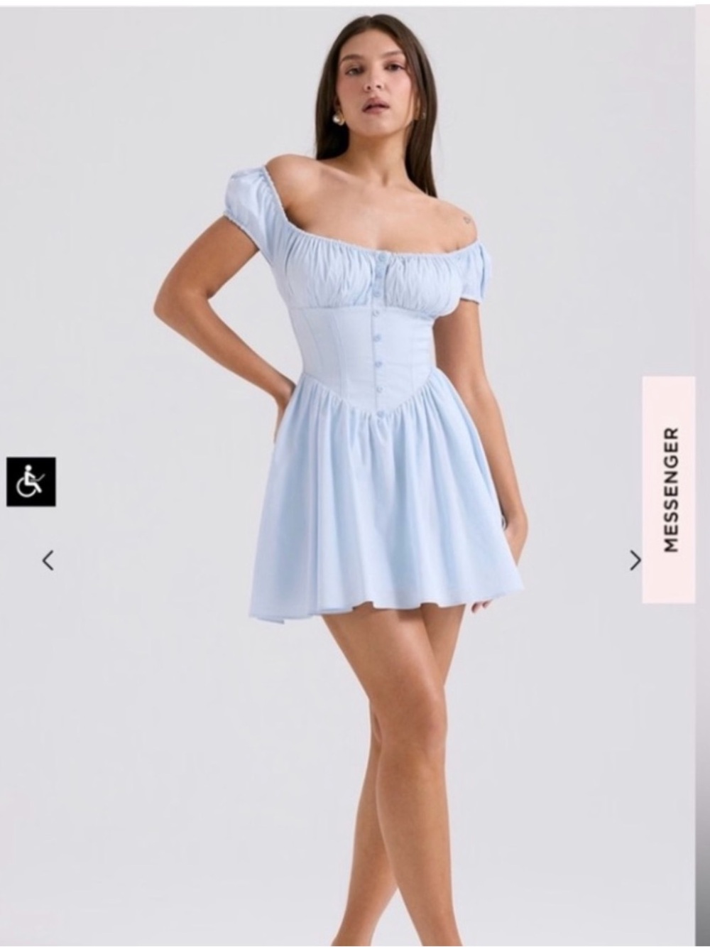 House of CB Nala Off-Shoulder Light Blue Mini Dress. Size L Tall